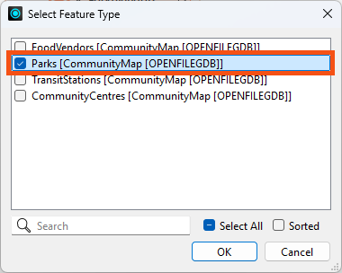 Selecting Parks reader feature type to copy